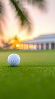 Golf ball on green grass course at sunset with clubhouse in background and palm tree silhouette, golden hour lighting creates atmospheric sports scene.