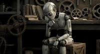 Vintage robot sitting thoughtfully in steampunk workshop surrounded by mechanical gears and wooden crates in sepia tones for retro futuristic designs.