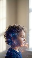 Young child with curly hair surrounded by digital network connections and wireless technology symbols representing future learning and connectivity.