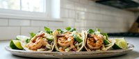 Grilled shrimp tacos on rustic plate with fresh cilantro, lime wedges, and coleslaw in a bright modern kitchen setting.