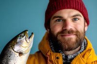 Cheerful bearded fisherman in red beanie and yellow jacket holding fresh caught trout, showing proud smile against blue background. Fishing success story.
