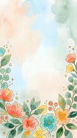 Soft watercolor floral border with pastel blooms, green leaves, and gold accents on a dreamy blended background, perfect for cards and invitations.