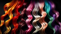 Colorful wavy hair strands in vibrant rainbow colors including orange, red, pink, blonde, turquoise and purple against black background for hair salon and beauty designs.