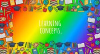 Colorful education concept with school supplies, books, graduation caps and learning tools arranged on vibrant rainbow gradient background for academic design.
