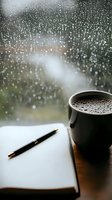 Hot coffee cup and blank notebook with pen by rainy window, creating cozy atmosphere for writing or contemplation on moody autumn day.