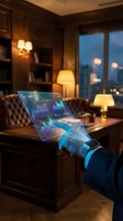 Businessman analyzing financial data on futuristic holographic tablet in luxury office during evening hours for investment decisions.