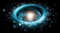 Luminous spiral galaxy with glowing turquoise stardust and bright center on black background, creating cosmic space atmosphere. Suitable for astronomy and science designs.
