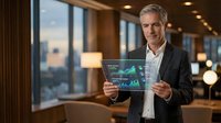 Mature Caucasian businessman in suit holding transparent digital tablet displaying financial data charts and graphs in modern office with city skyline view.