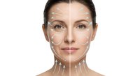 Young woman face with cosmetic surgery markings showing before and after skin treatment results on white background for medical procedures.