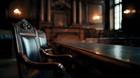 Elegant vintage leather executive chair at polished wooden desk in classic office interior with warm ambient lighting for professional workspace design.