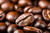 Fresh roasted coffee beans in macro shot showing rich brown color and detailed texture, selective focus on single bean in center against blurred background.