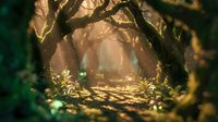 Mystical forest pathway with golden sunlight streaming through ancient twisted tree branches creating magical atmosphere for fantasy storytelling projects.