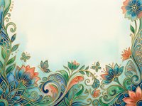 Watercolor floral border with ornate swirling vines, butterflies, and blooms in teal, coral, and gold on a soft cream background.