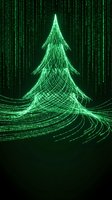 Digital Christmas tree made of glowing green matrix code lines on black background. Futuristic holiday concept for tech and cyber themed designs.