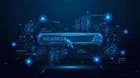 Digital search bar with glowing network connections and data analytics elements on dark blue tech background for web design and business presentations.