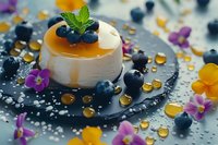 Creamy panna cotta dessert topped with caramel sauce, fresh blueberries and mint garnish on dark plate, decorated with edible flowers and honey drops.