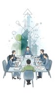 Business team meeting with growth arrows and analytics symbols representing corporate strategy planning and financial success development.