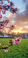 Pink cherry blossoms frame sunset view over spring meadow with dandelions, creating romantic atmosphere against golden sky and green grass background.