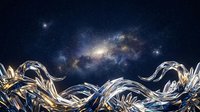 Liquid metallic waves in gold and silver flow across dark space with glowing galaxy and stars above, creating abstract cosmic background for science fiction, astronomy, and futuristic design projects.