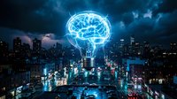 Glowing brain lightbulb hologram floating above futuristic city skyline at night representing artificial intelligence and innovation concepts.