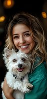 Young woman with ombre hair holding small white fluffy dog, both smiling at camera. Warm bokeh background and intimate portrait composition in green outfit.