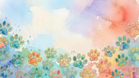 Watercolor paw prints in vibrant rainbow colors scattered across soft pastel background. Isolated design element suitable for pet-related projects, greeting cards, and apparel.
