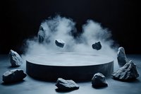 Dramatic stone podium display with floating rocks surrounded by mystical fog and smoke effects against dark background, creating atmospheric product stage.