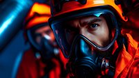 Emergency responder in protective gas mask and orange hazmat suit during crisis situation with dramatic lighting for safety training materials.