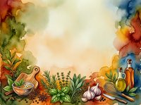 Watercolor culinary background with herbs, garlic, olive oil, mortar, and cutting board, framed by colorful splashes with copy space for text.