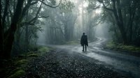 Solitary figure standing on misty forest road lined with tall trees, atmospheric woodland scene with moody lighting and fog, suitable for mystery, adventure, and contemplative storytelling projects.