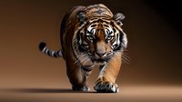 Majestic Bengal tiger walking forward on dark brown background, powerful predator with intense gaze and striped fur pattern showing hunting posture.