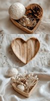 Heart-shaped wooden bowl with natural dried elements including pine cone and dried flowers on neutral linen background. Perfect for eco-friendly home decor.
