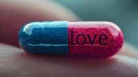 Medical capsule split in blue and red colors with engraved love text on pink side, macro photography on blurred background showing pharmaceutical concept.