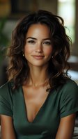 Young woman with long wavy dark brown hair, olive skin tone, wearing a green v-neck shirt. Professional portrait suitable for business, lifestyle, and corporate design projects.