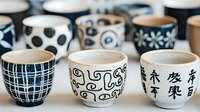 Decorative ceramic tea cups with traditional Asian patterns and calligraphy in blue and white designs arranged in rows, showing artisanal craftsmanship and cultural style.