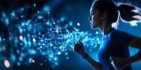 Young Asian woman running with digital network visualization, representing fitness technology and data tracking for athletic performance monitoring.