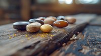 Smooth river stones arranged on rustic wooden surface with golden pollen dust, creating natural zen-like composition for wellness and meditation practices.