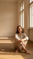 Young woman sitting peacefully on wooden floor in sunlit room with natural light streaming through windows creating warm shadows and serene atmosphere.