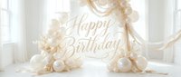 Elegant white and beige balloon arch with Happy Birthday script in a bright airy room, perfect for party backdrop photography and celebration decor.