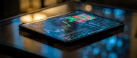 Digital tablet displaying colorful financial trading charts and market data analysis on modern desk with ambient lighting for business presentations.