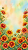 Watercolor gaillardia blanket flowers in vibrant red and yellow bloom on a soft pastel rainbow background with copy space.