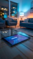 Tablet with download progress screen on glass table in modern living room with blue ambient lighting at night.