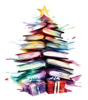 Creative Christmas tree made from stacked books with golden star on top and wrapped gift boxes beneath, watercolor style artwork on white background.
