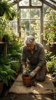 Senior Caucasian male gardener potting plants in sunny greenhouse surrounded by lush ferns and greenery, wearing work clothes and gloves for gardening hobby.