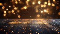 Magical glowing bokeh lights floating over rustic wooden surface with golden sparkles and particles creating dreamy atmospheric scene for festive backgrounds.