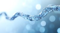 Flowing wave of crystal clear water with air bubbles creating dynamic motion against soft blue bokeh background, suitable for wellness and purity concepts.