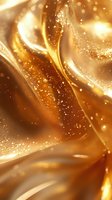 Luxurious golden waves with sparkling particles create an elegant abstract background with flowing curves and magical light effects for luxury designs.