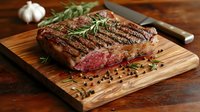 Juicy grilled ribeye steak with rosemary sprigs and peppercorns on wooden cutting board, medium rare beef with charred grill marks and pink center.