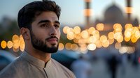 Middle Eastern man with beard in traditional dress gazing thoughtfully against blurred mosque and bokeh lights background during evening prayer time. Spiritual moment captured.