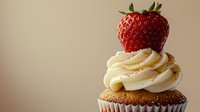 Fresh strawberry cupcake topped with swirled vanilla buttercream frosting and ripe red berry, close up view on beige background, sweet dessert photography.